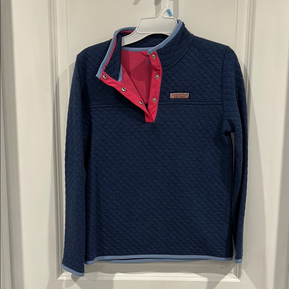 Vineyard Vines Navy Quilted Pullover with Pink Accents
